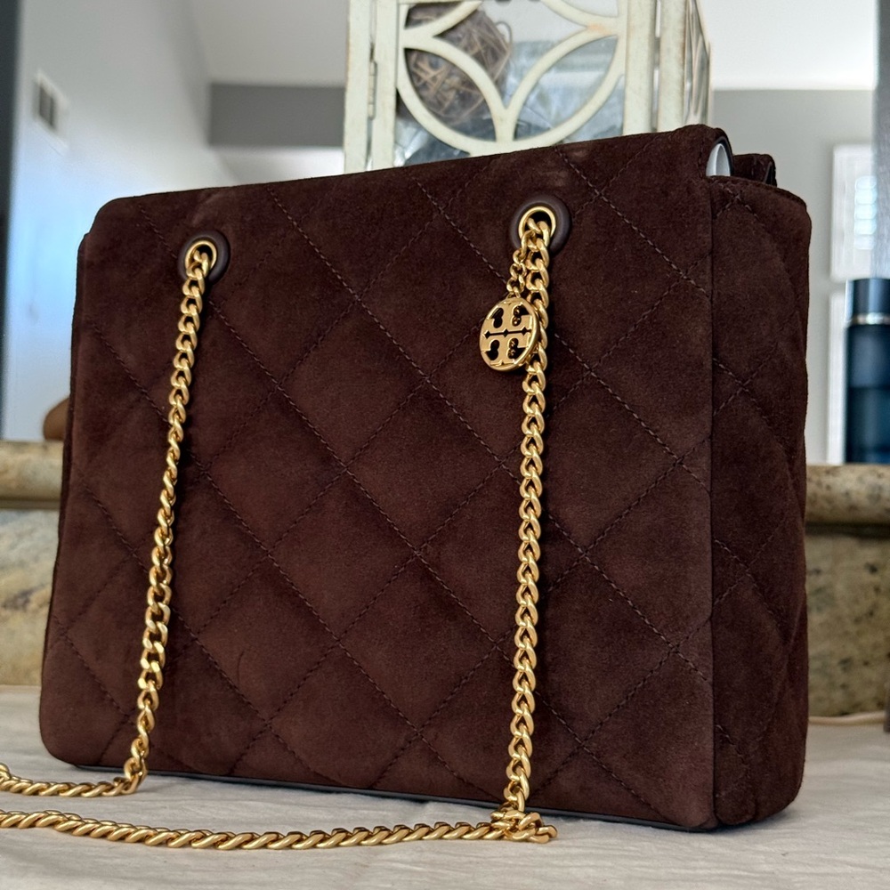 NWT 678! Tory Burch Willa Suede Small Zip Top Tote in Dark Cocoa Brown